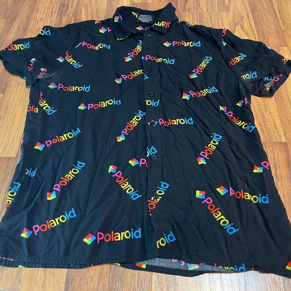 Polaroid Mens Button Down Shirt S Black Rainbow Logo All Over Print Retro Woven